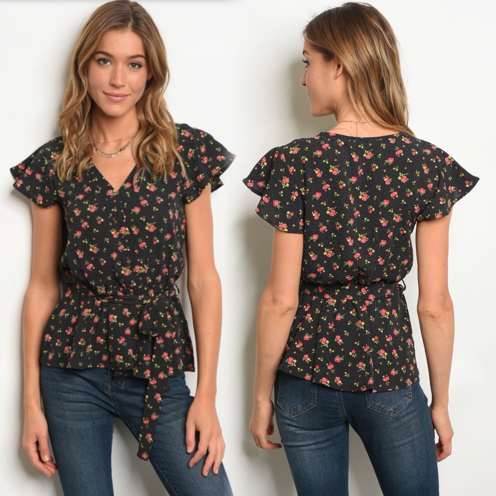 Floral Black Blouse with Belt